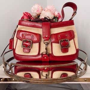 Coach Red and Natural Woven Straw Bag